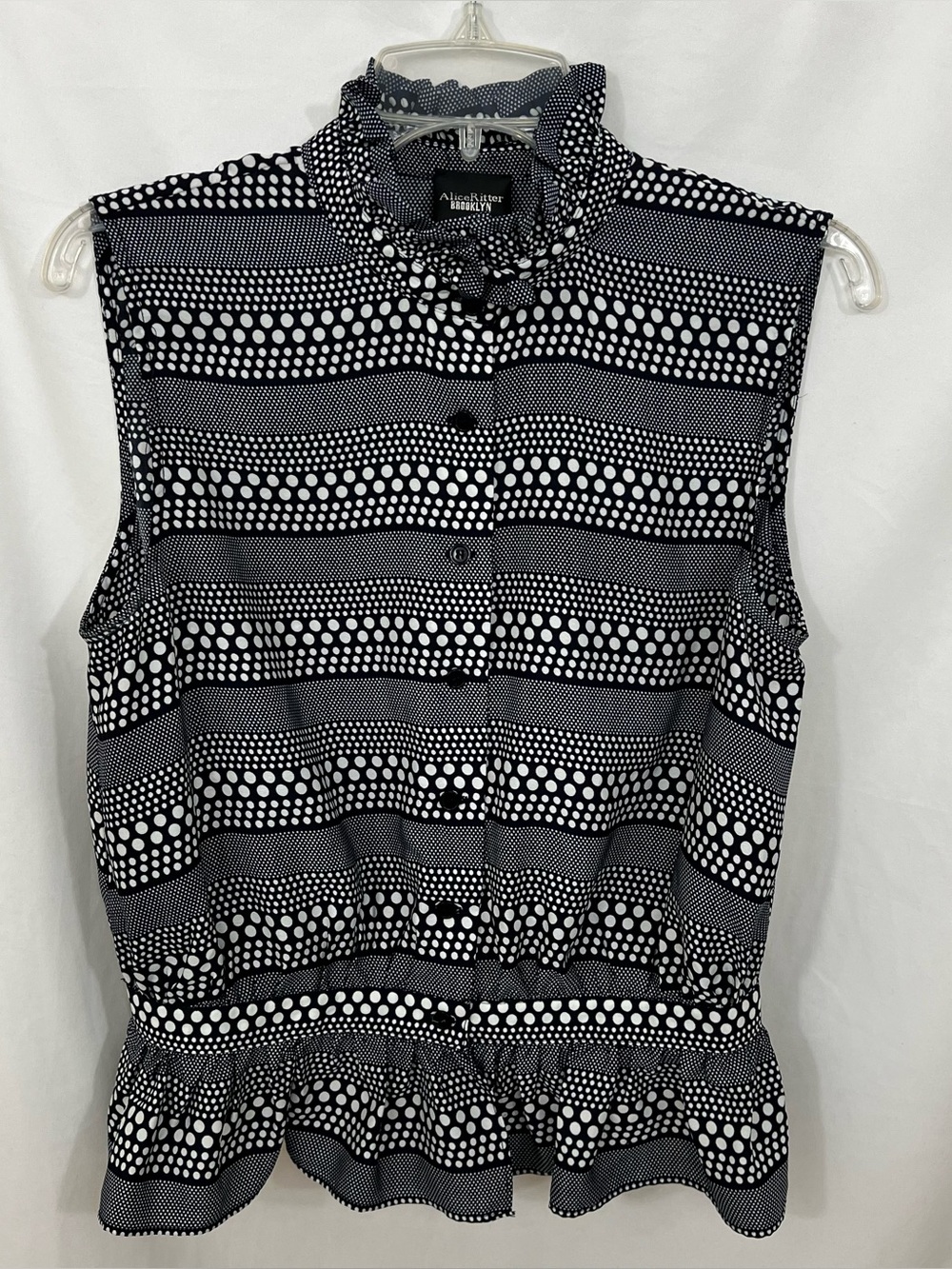 Alice Ritter Brooklyn Sleeveless Peplum Blouse Black White Polkadots Sz L